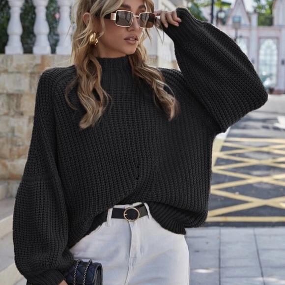 Mock neck knit sweater lantern batwing sleeve - Picture 3 of 4